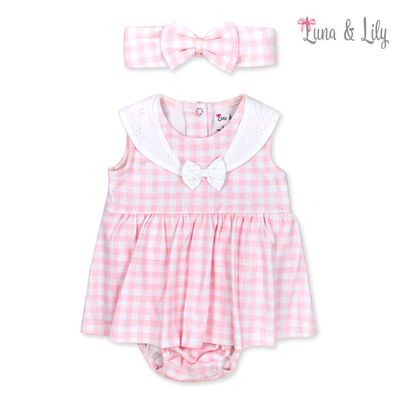 Luna Lily | 2 Piece Romper Set With Headband | Pink Checkered