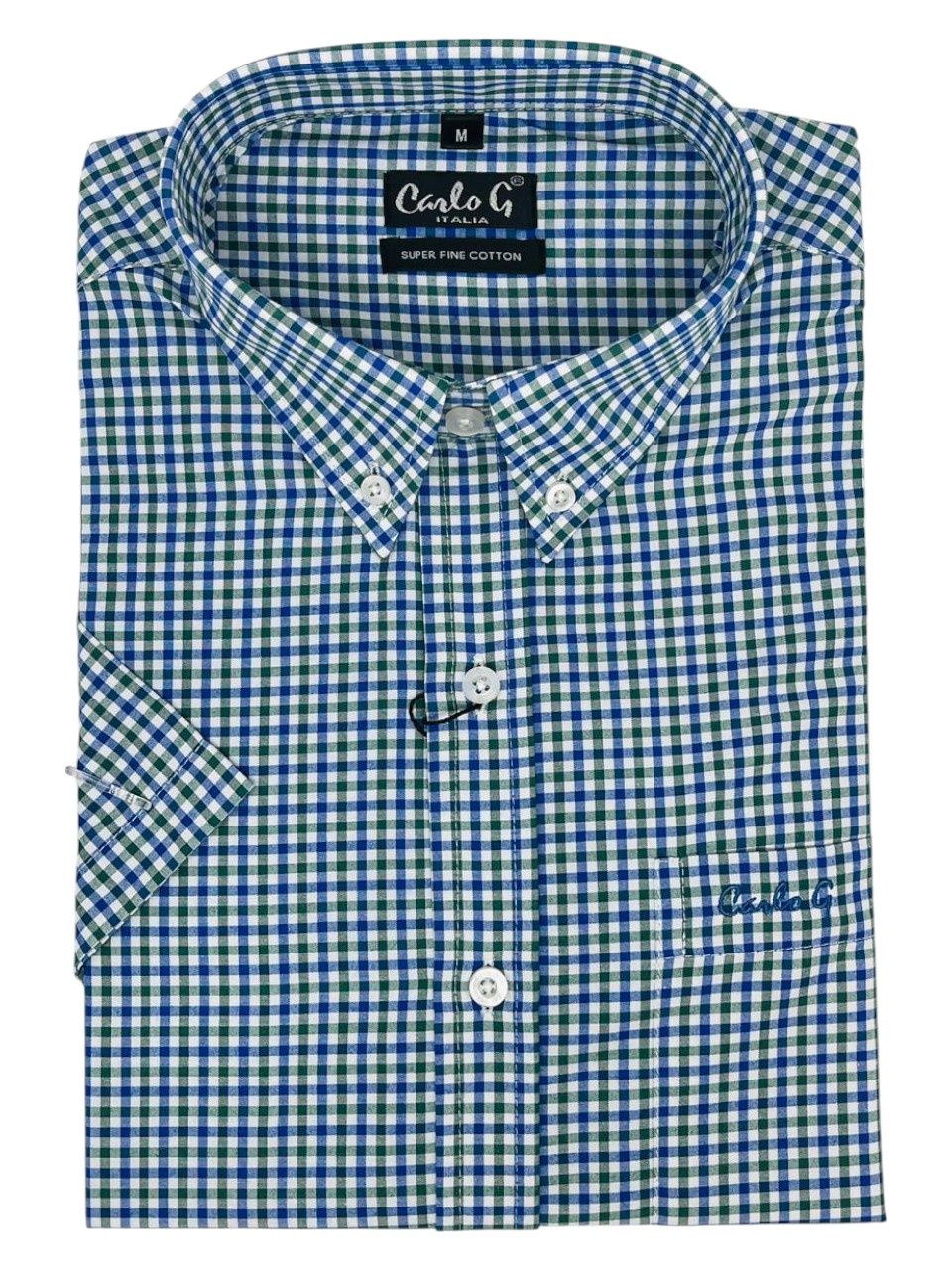 Carlo Galucci | Short Sleeve Shirt | Navy &amp; Green Check, Size: S