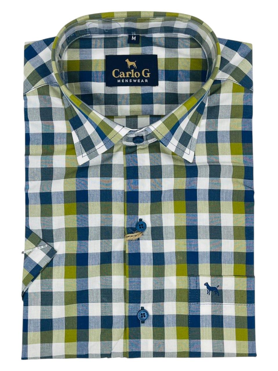 Carlo Galucci | Short Sleeve Shirt | Navy &amp; Olive Check, Size: S