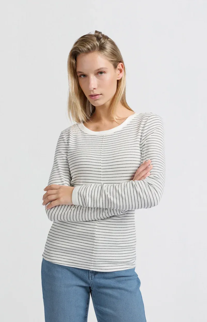 YAYA | Striped Long Sleeve Top | Blanc De Blanc White, Size: XS