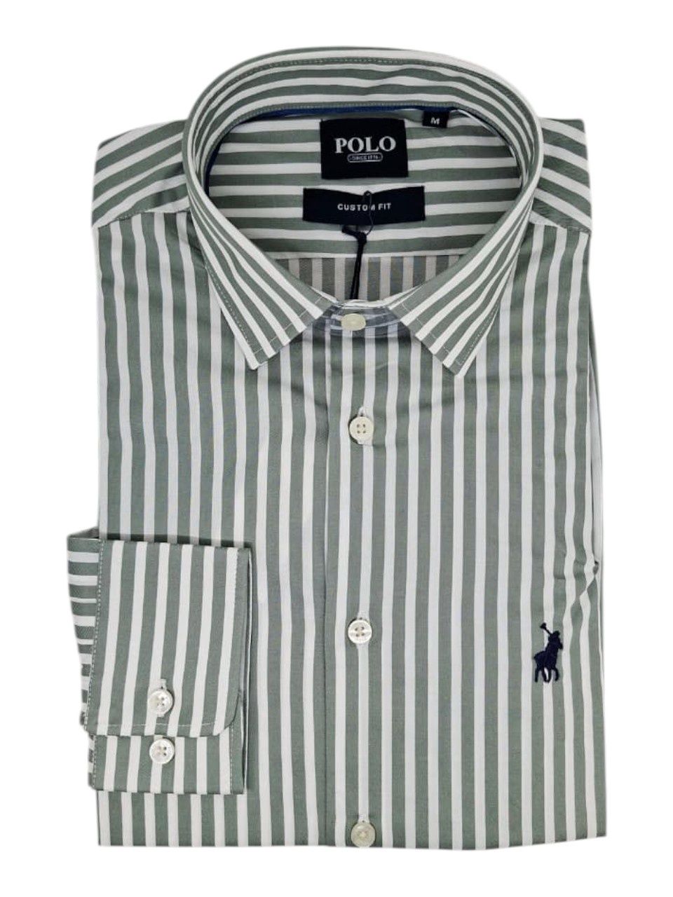 Polo | Long Sleeve Shirt | Stripe Sateen | Sage, Size: M