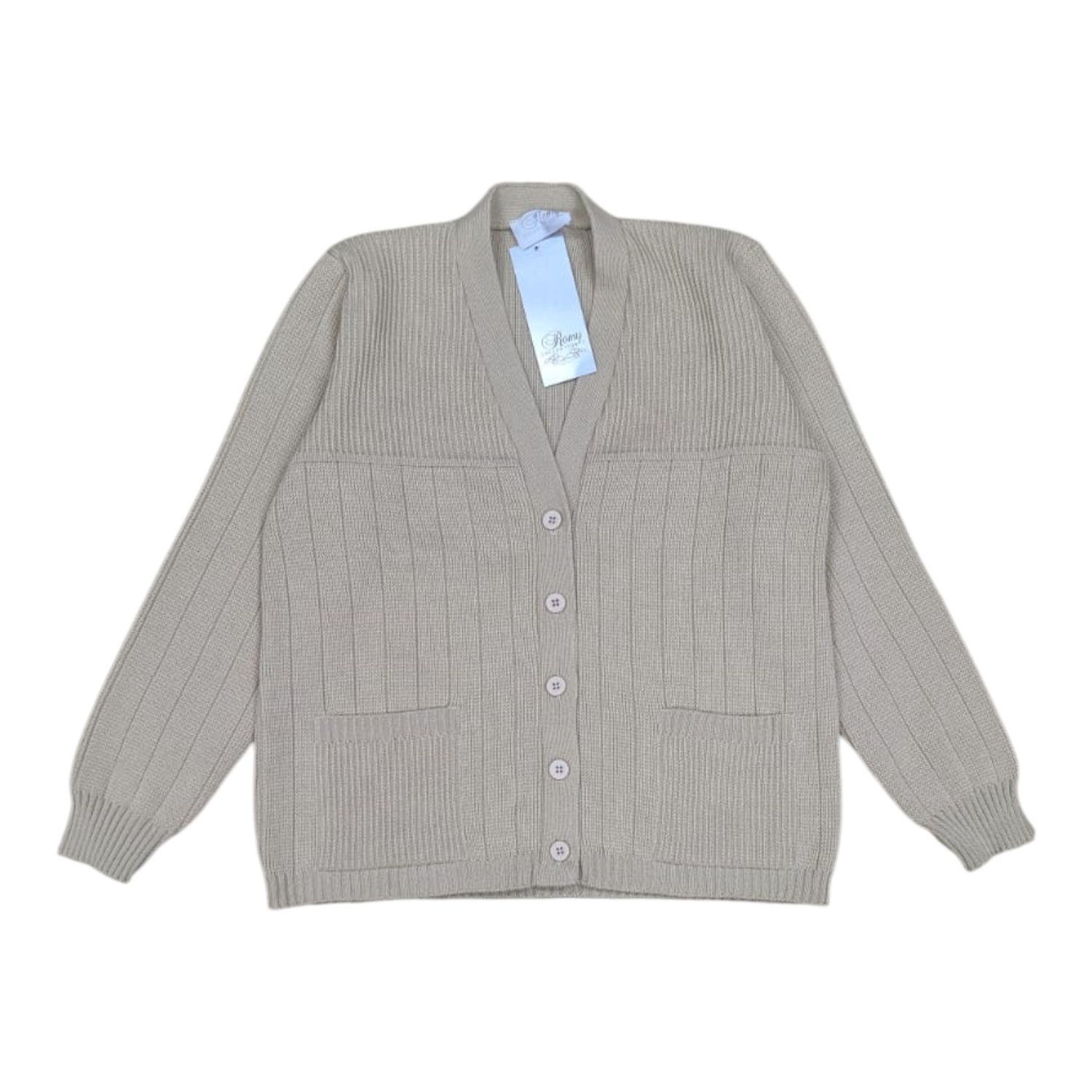 Romy | Ribbed button front v-neck cardigan C905 | Stone, Size: S