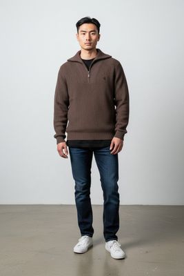 Pringle | Kyle 1/4 Zip Ribbed  Knit | Brown
