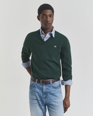 Gant | Classic Cotton V-Neck Sweater | Green