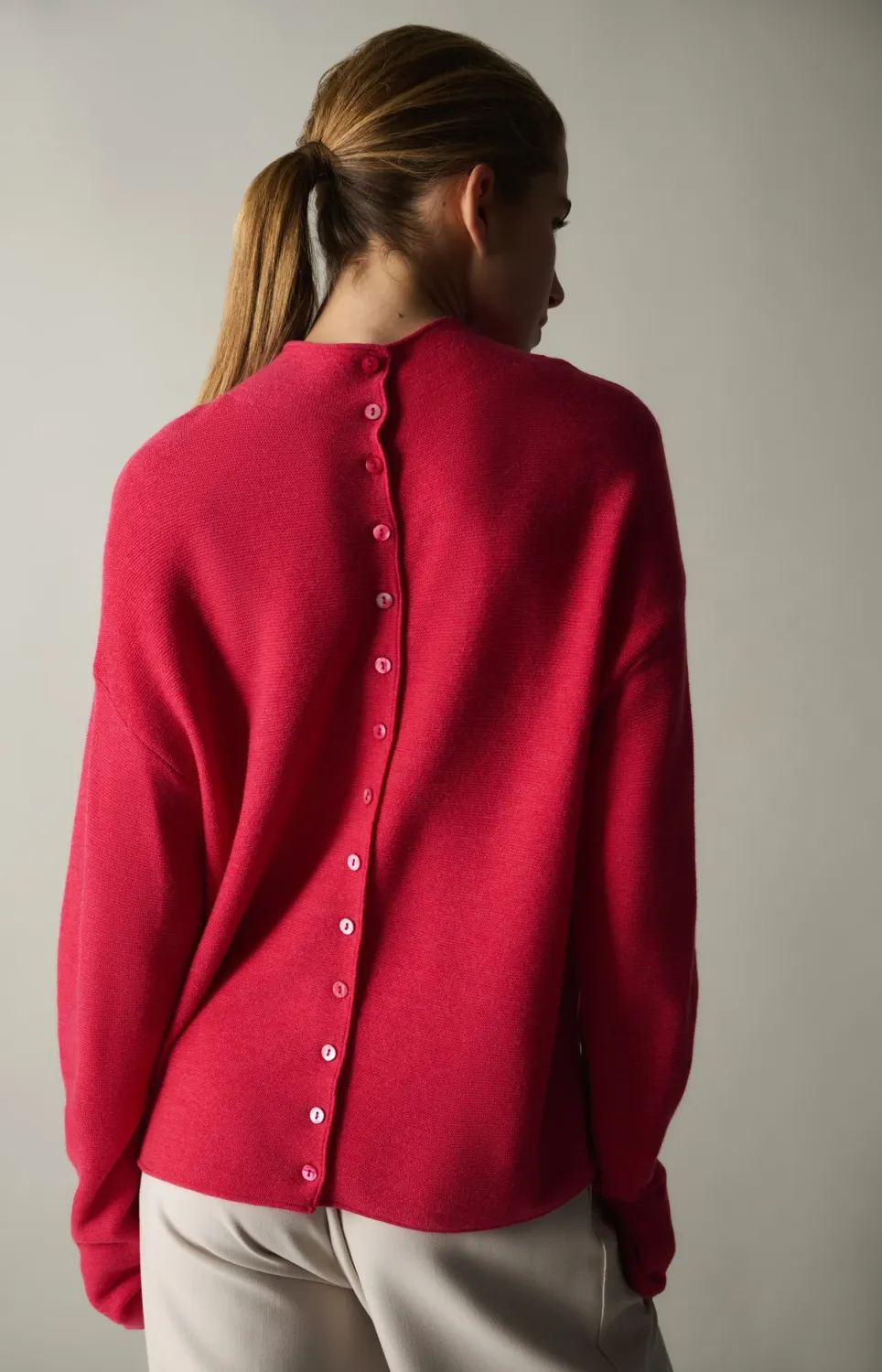 YAYA | High Neck Sweater with back buttons | Rose Red Melange