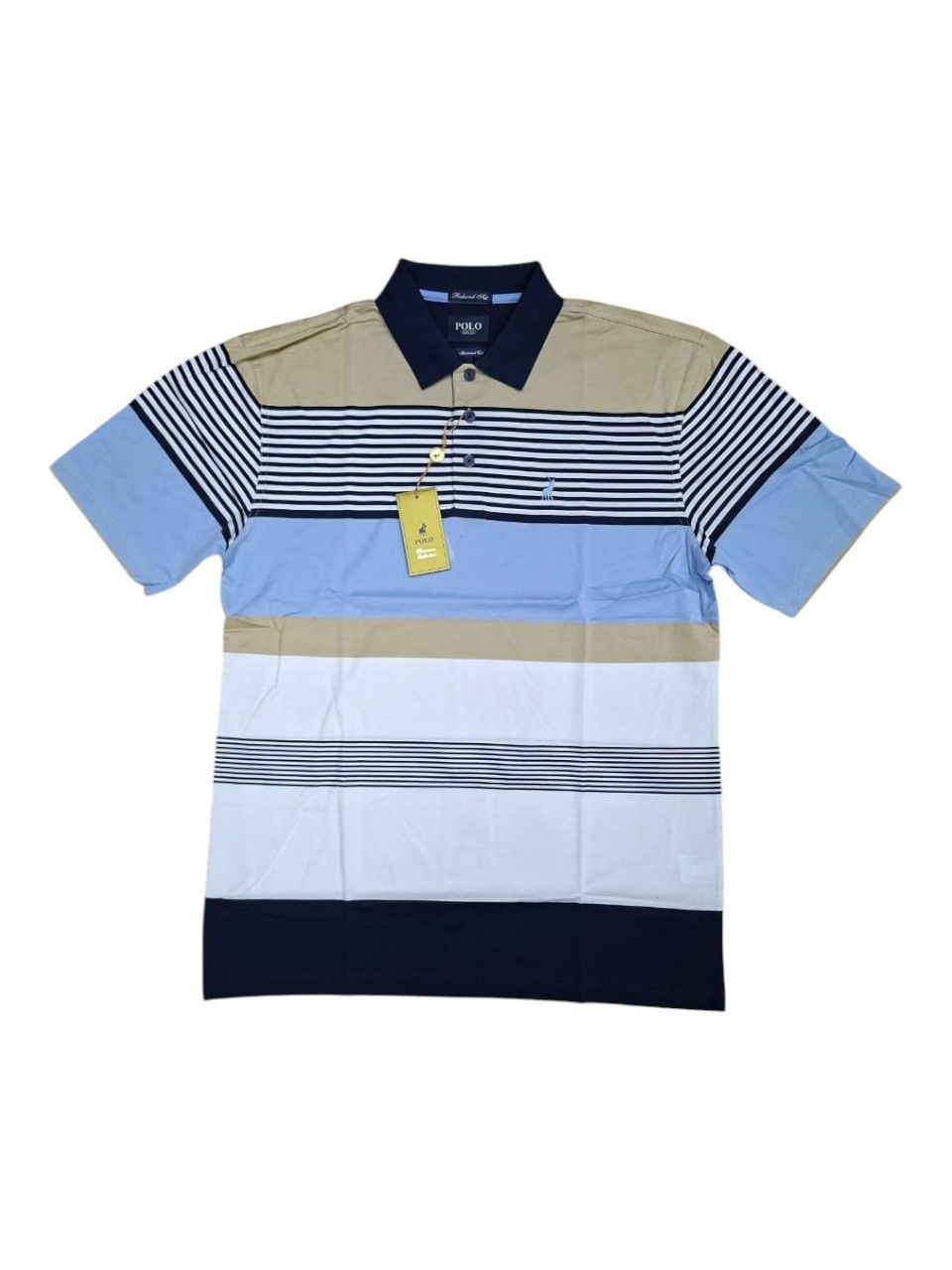 Polo | Stripe Print Double Mercerised Golfer | Blue &amp; Taupe