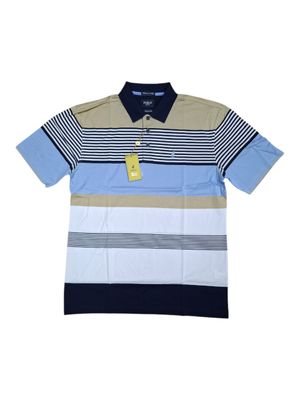 Polo | Stripe Print Double Mercerised Golfer | Blue &amp; Taupe