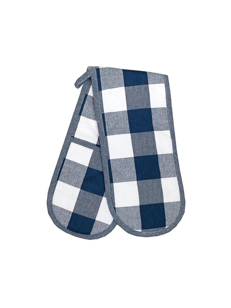 Linen House | Revana Check Double Oven Glove | Navy