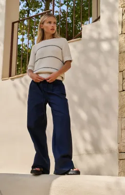 YAYA | Woven Wide Leg Pleated Trousers | Navy