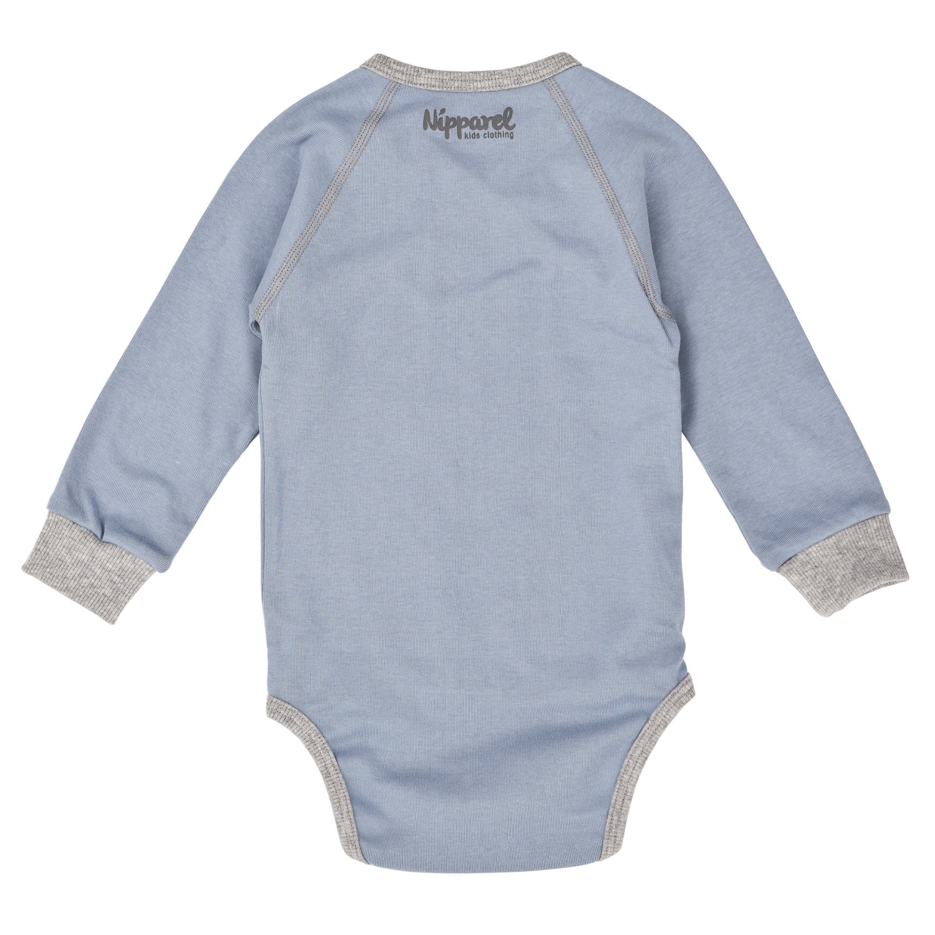 Baby Wickelbody Blau Langarm aus Bio-Baumwolle mit Wickelverschluss und Druckknöpfen – Vorderansicht