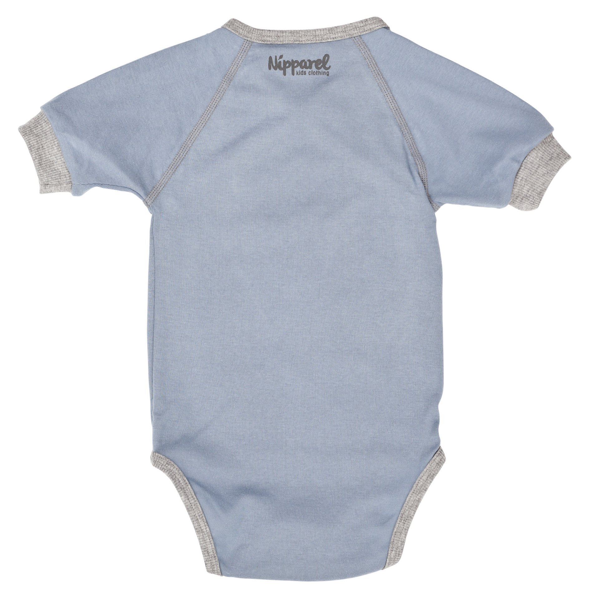 Baby Wickelbody Blau Kurzarm aus Bio-Baumwolle mit Wickelverschluss und Druckknöpfen – Vorderansicht