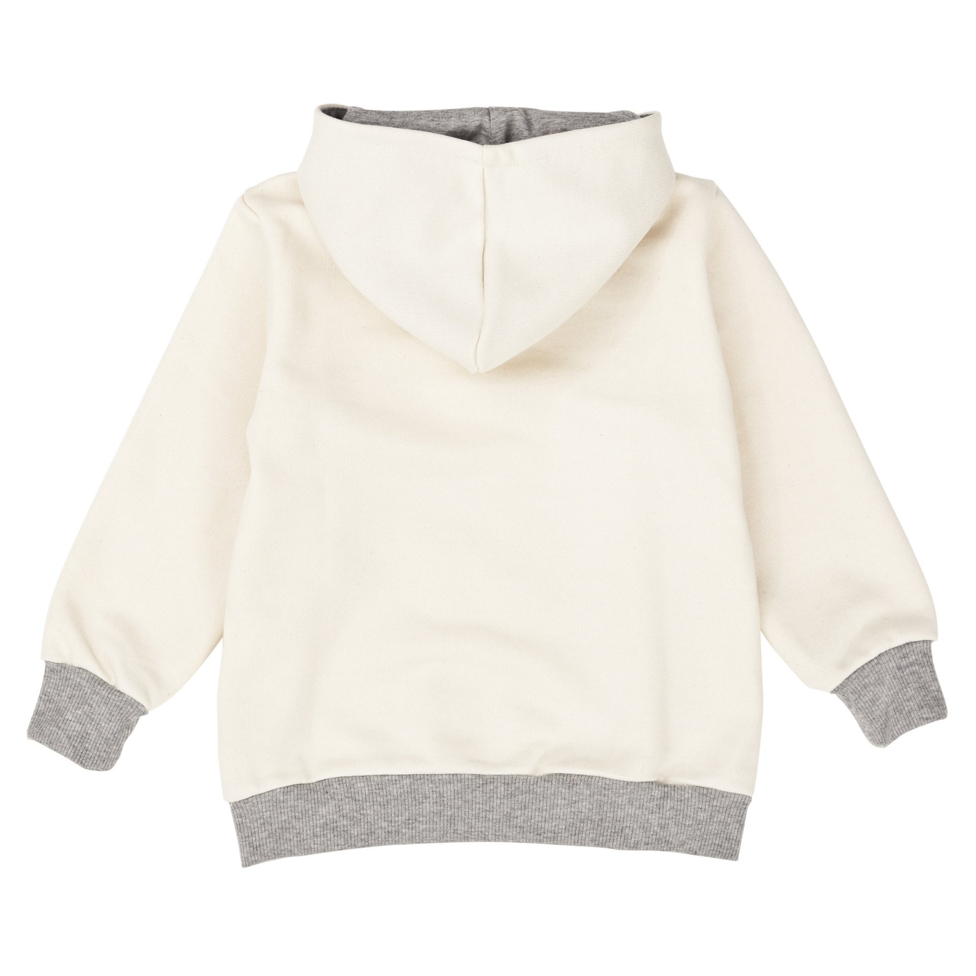 Baby Kapuzenjacke in Weiß aus Bio-Baumwolle, Vorderansicht. Mit Reißverschluss, Taschen und gefütte…