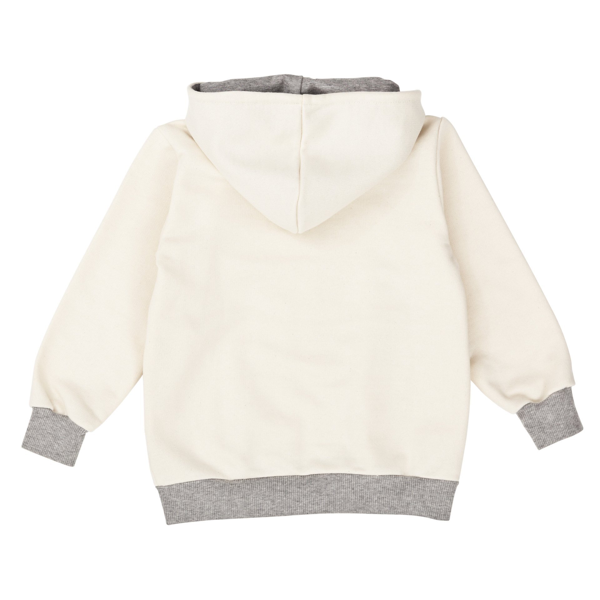 Kinder Kapuzenjacke in Weiß aus Bio-Baumwolle, Vorderansicht. Mit Reißverschluss, Taschen und gefüt…