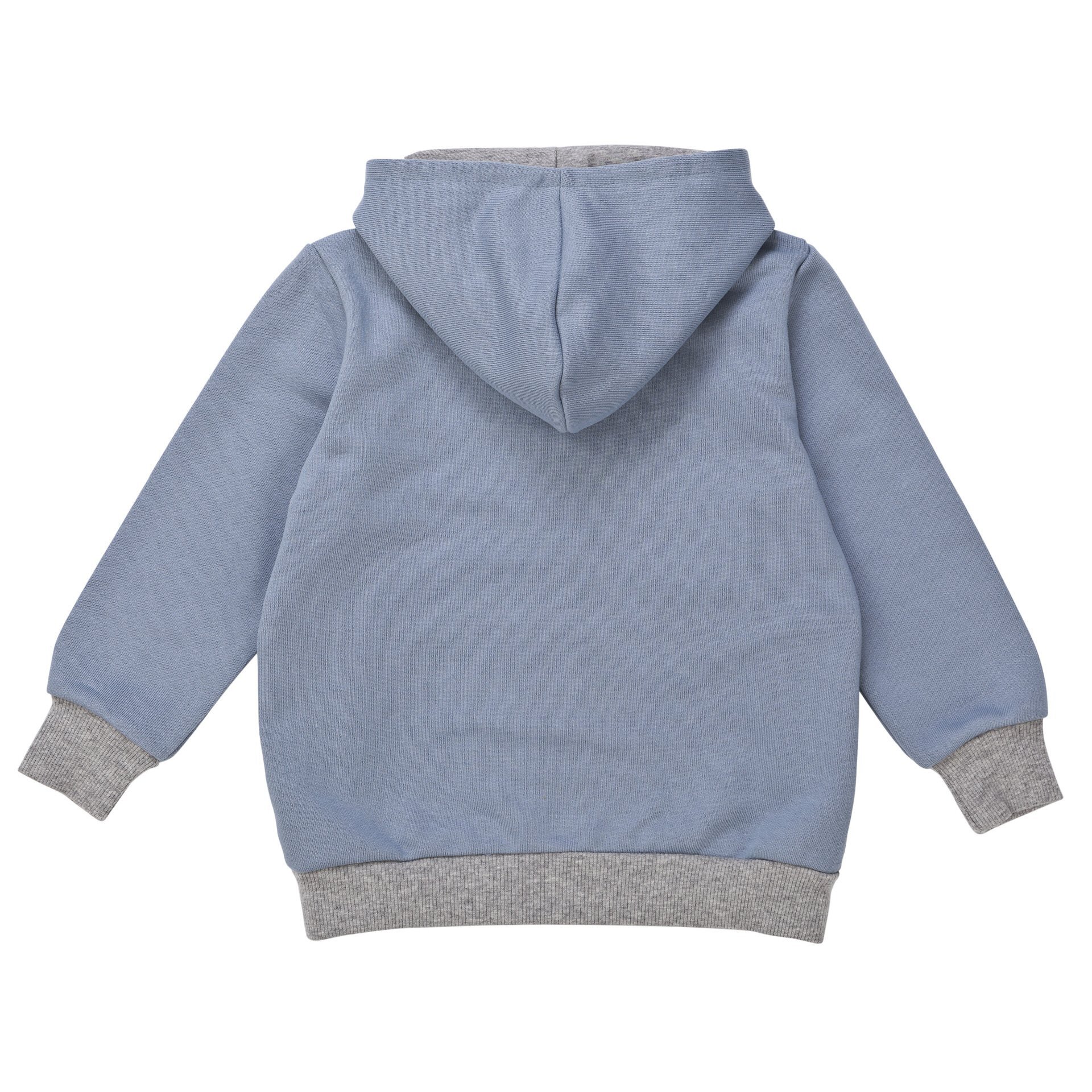 Baby Kapuzenjacke in Blau aus Bio-Baumwolle, Vorderansicht. Mit Reißverschluss, Taschen und gefütte…