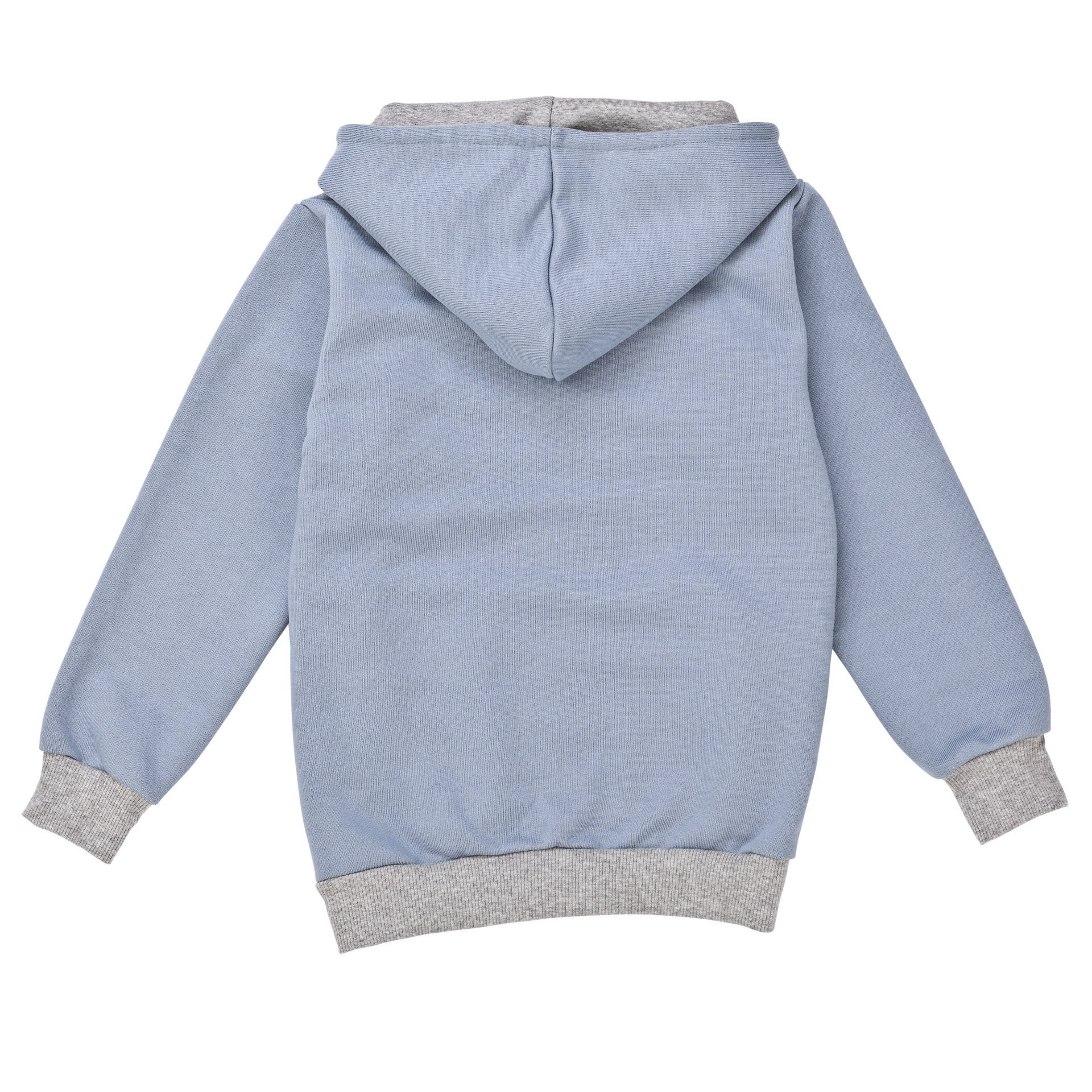 Kinder Kapuzenjacke in Blau aus Bio-Baumwolle, Vorderansicht. Mit Reißverschluss, Taschen und gefüt…