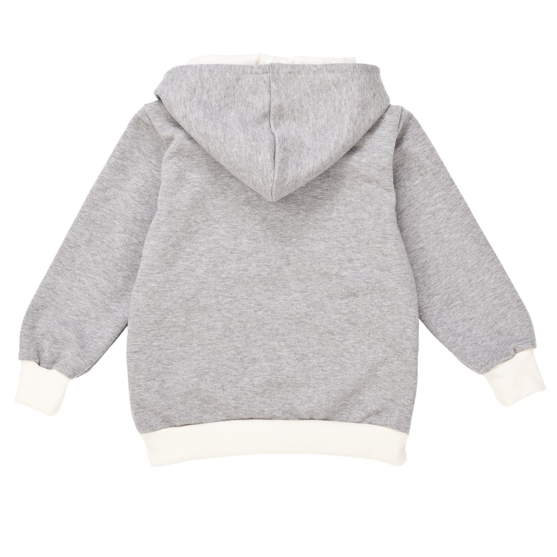 Kinder Kapuzenjacke in Grau aus Bio-Baumwolle, Vorderansicht. Mit Reißverschluss, Taschen und gefüt…