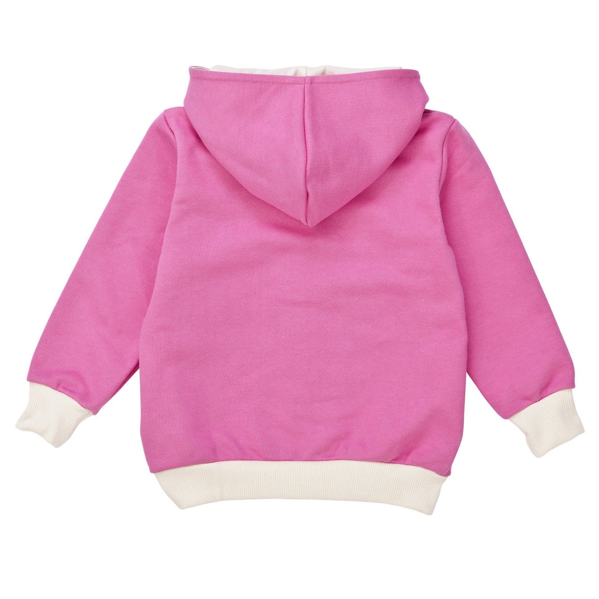 Baby Kapuzenjacke in Rosa aus Bio-Baumwolle, Vorderansicht. Mit Reißverschluss, Taschen und gefütte…