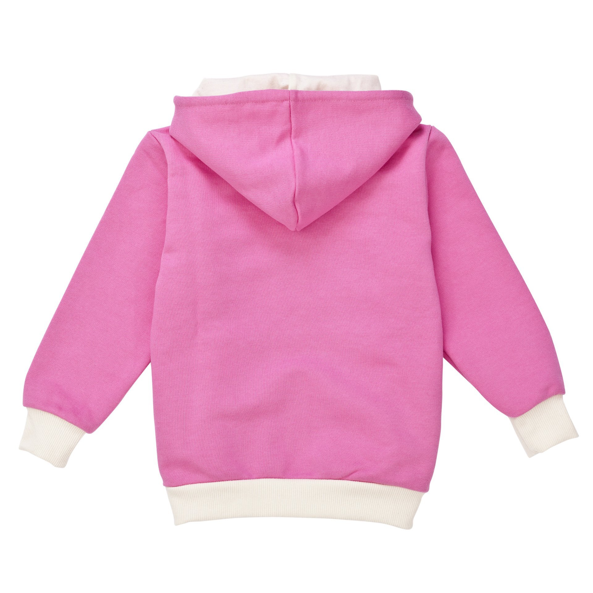 Kinder Kapuzenjacke in Rosa aus Bio-Baumwolle, Vorderansicht. Mit Reißverschluss, Taschen und gefüt…
