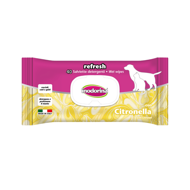 Inodorina Salviette Detergenti per Cani e Gatti Profumate alla Citronella 40pz.