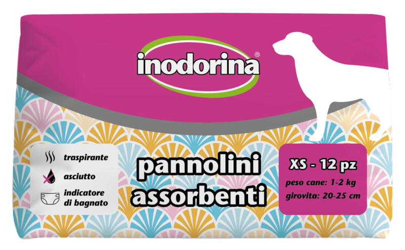 Inodorina Pannolini per Cani Convalescenti, Incontinenti Cagne in Calore 12 pz., Dimensione: XS - peso del cane 1-2 kg - girovita: 20-25 cm