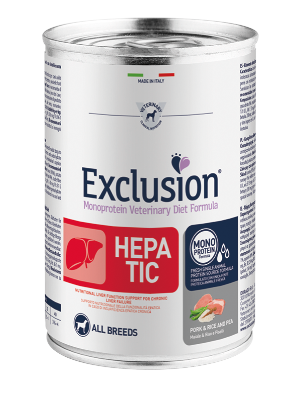 Exclusion Hepatic Pork & Rice And Pea All Breeds Umido per Cani 400g