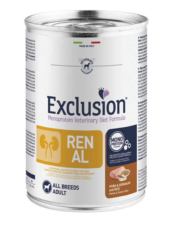 Exclusion Renal Pork & Sorghum And Rice All Breeds Umido per Cani 400g