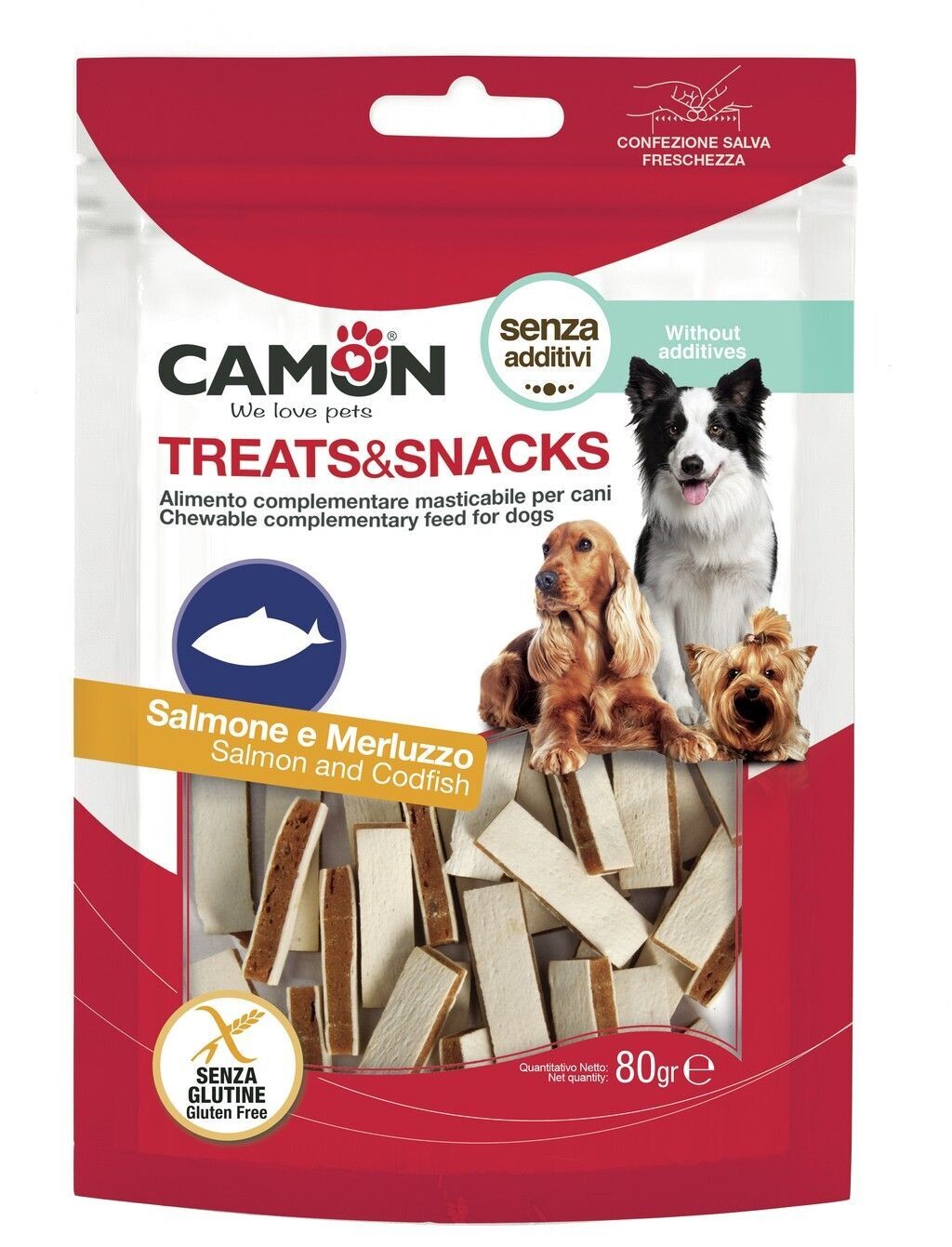 Camon Snack per Cani Al Salmone e Merluzzo Senza Glutine Bastoncini Piccoli 80g
