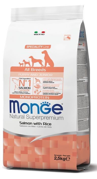 Monge Puppy & Junior All Breeds Salmone e Riso Crocchette per cani cuccioli 2,5 kg