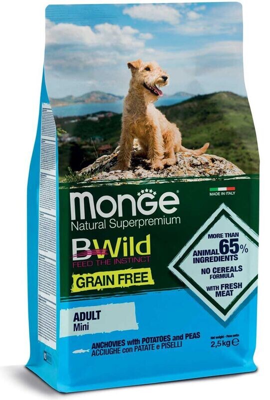 Monge Bwild Grain Free Formula Mini Cane Adulto Acciughe Patate e Piselli 2,5 kg