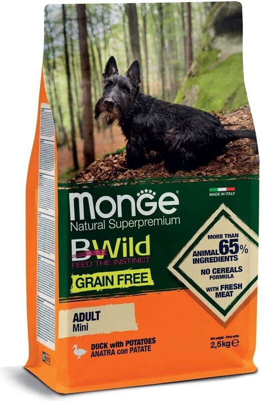 Monge Bwild Grain Free Formula Mini Cane Adulto Anatra con Patate 2,5 kg