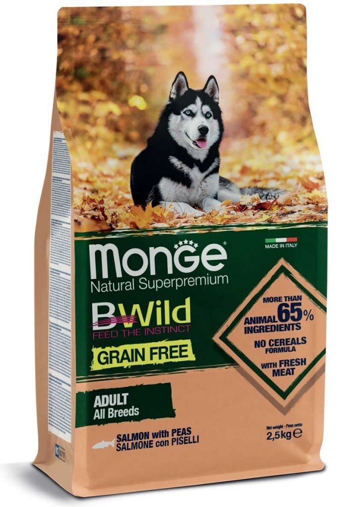 Monge Bwild Grain Free Formula All Breeds Cane Adulto Salmone con Piselli 2,5 kg