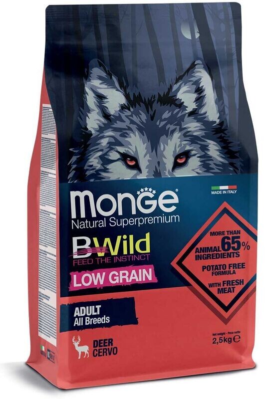 Monge Bwild Low Grain All Breeds Cane Adult Cervo Alimento per Cani 2,5 kg