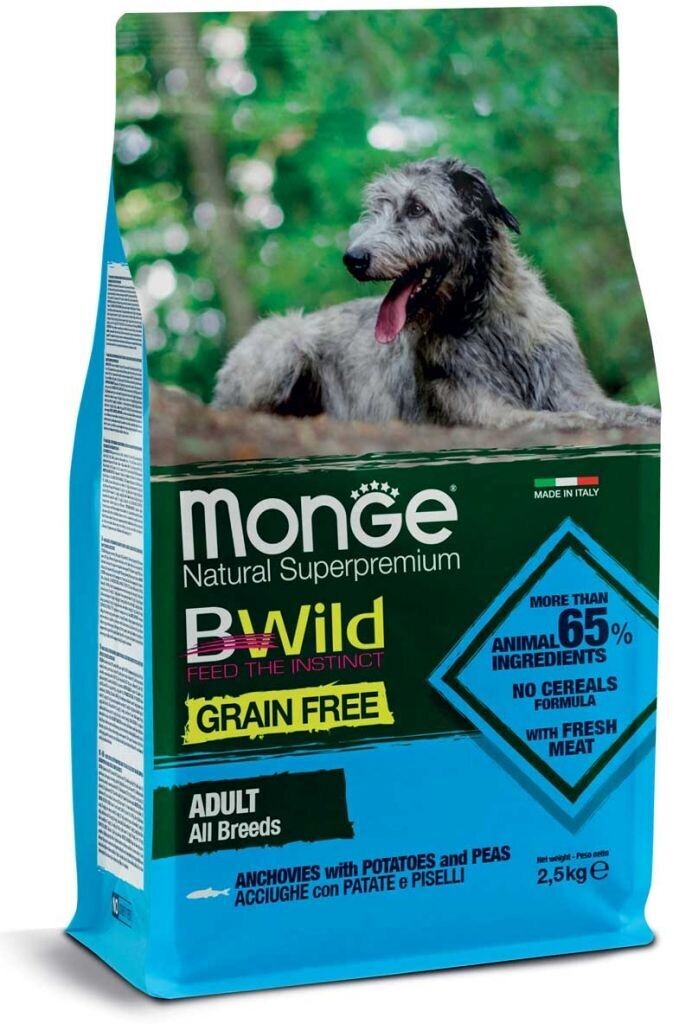 Monge Bwild Grain Free Formula All Breeds Cane Adult Acciughe Patate Piselli 2,5