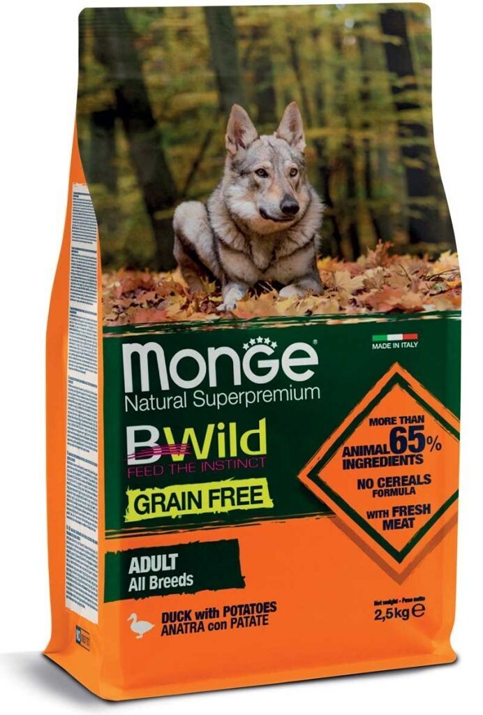 Monge Bwild Grain Free Formula All Breeds Cane Adulto Anatra con Patate 2,5 kg