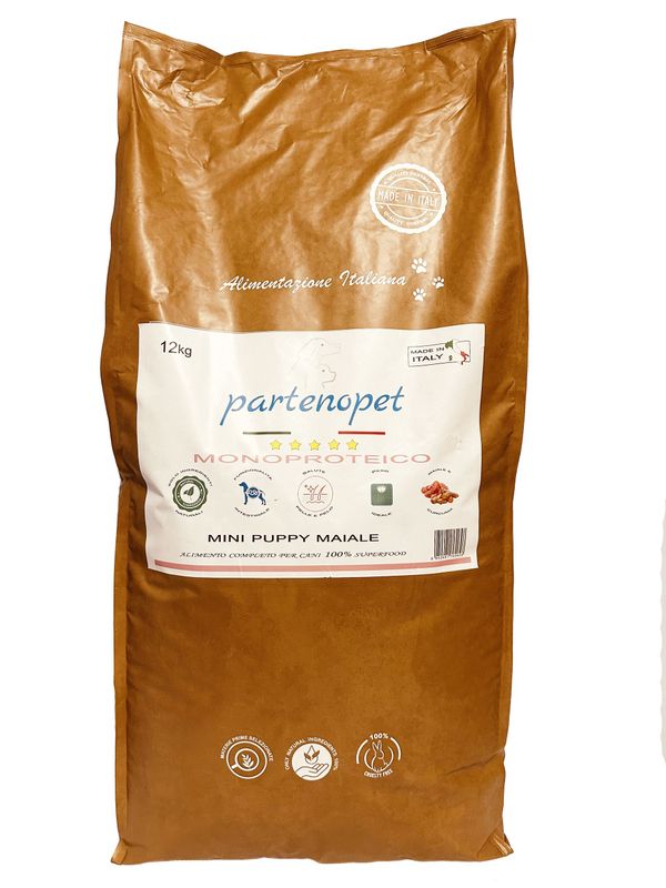 Partenopet Crocchette Monoproteiche per Cane Cuccioli di Piccola Taglia al Maiale Puppy Mini Alimento Secco 100% Italiano ad Altissima Appetibilità Senza Conservanti e Coloranti 12 kg