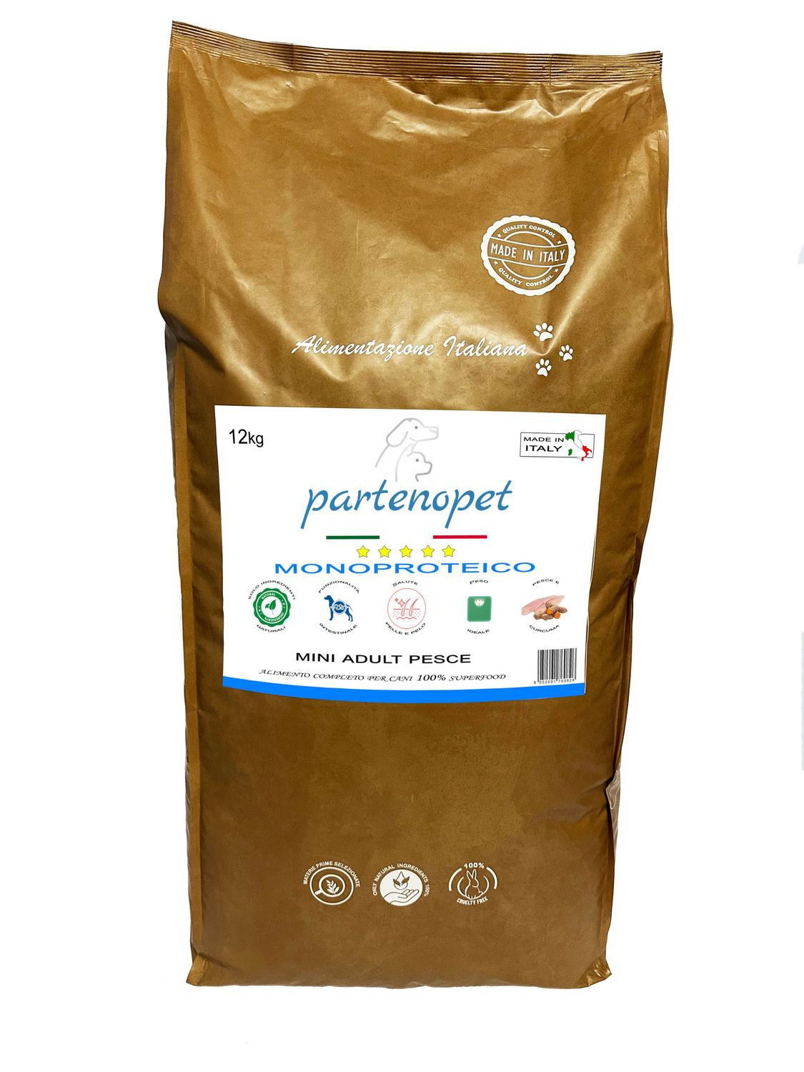 Partenopet Adult Mini Monoproteico Pesce Crocchette per Cani 100% Naturali 12 kg
