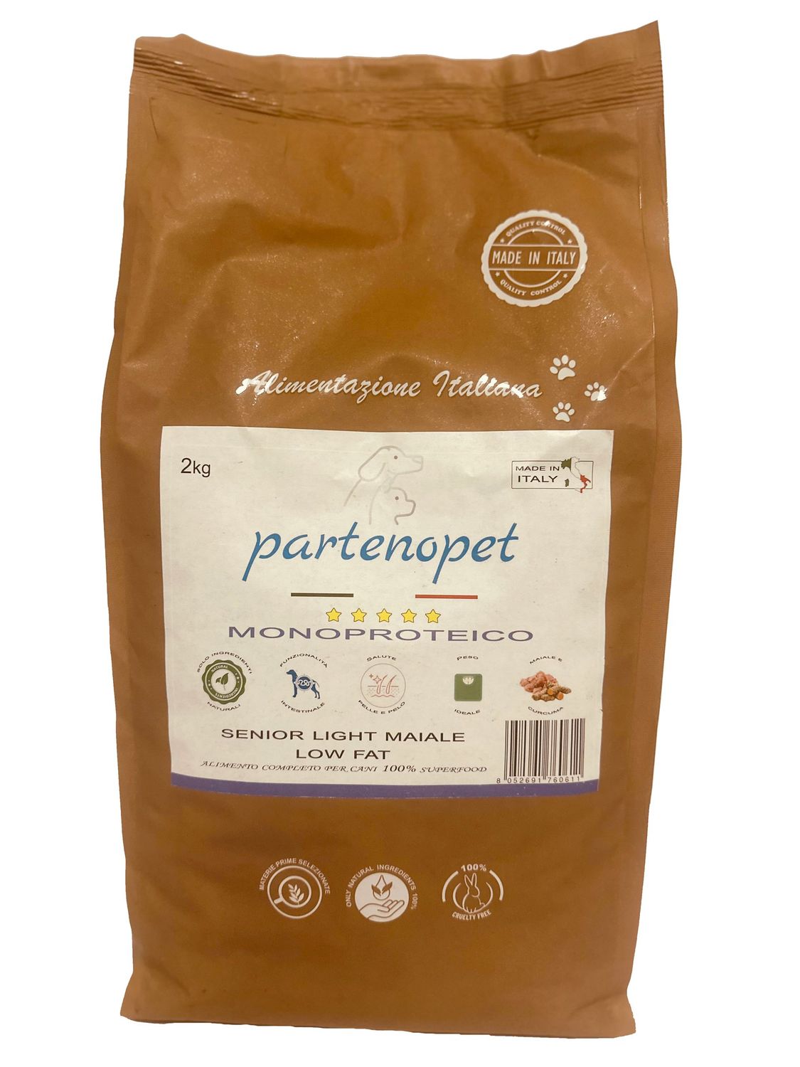 Partenopet Senior Light All Breeds Monoproteico Maiale Crocchette per Cani Anziani 100% Naturali 2 kg