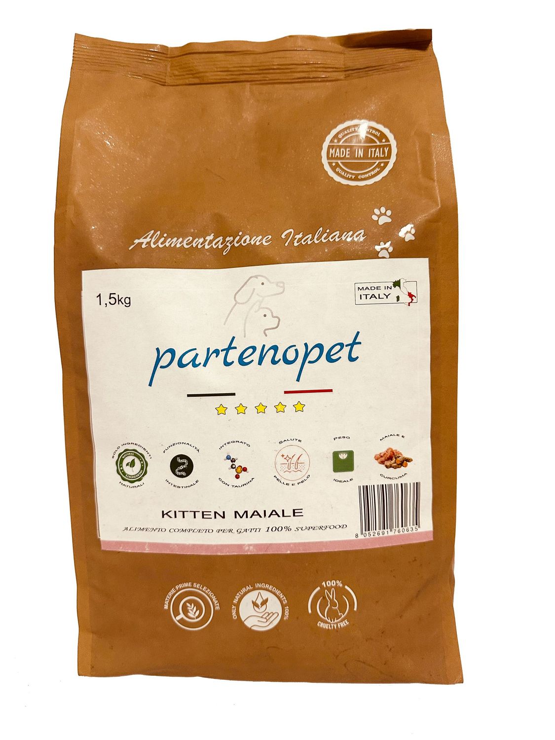 Partenopet Gatto Kitten Maiale Crocchette per Gatti Cuccioli 100% Naturali 1,5 kg