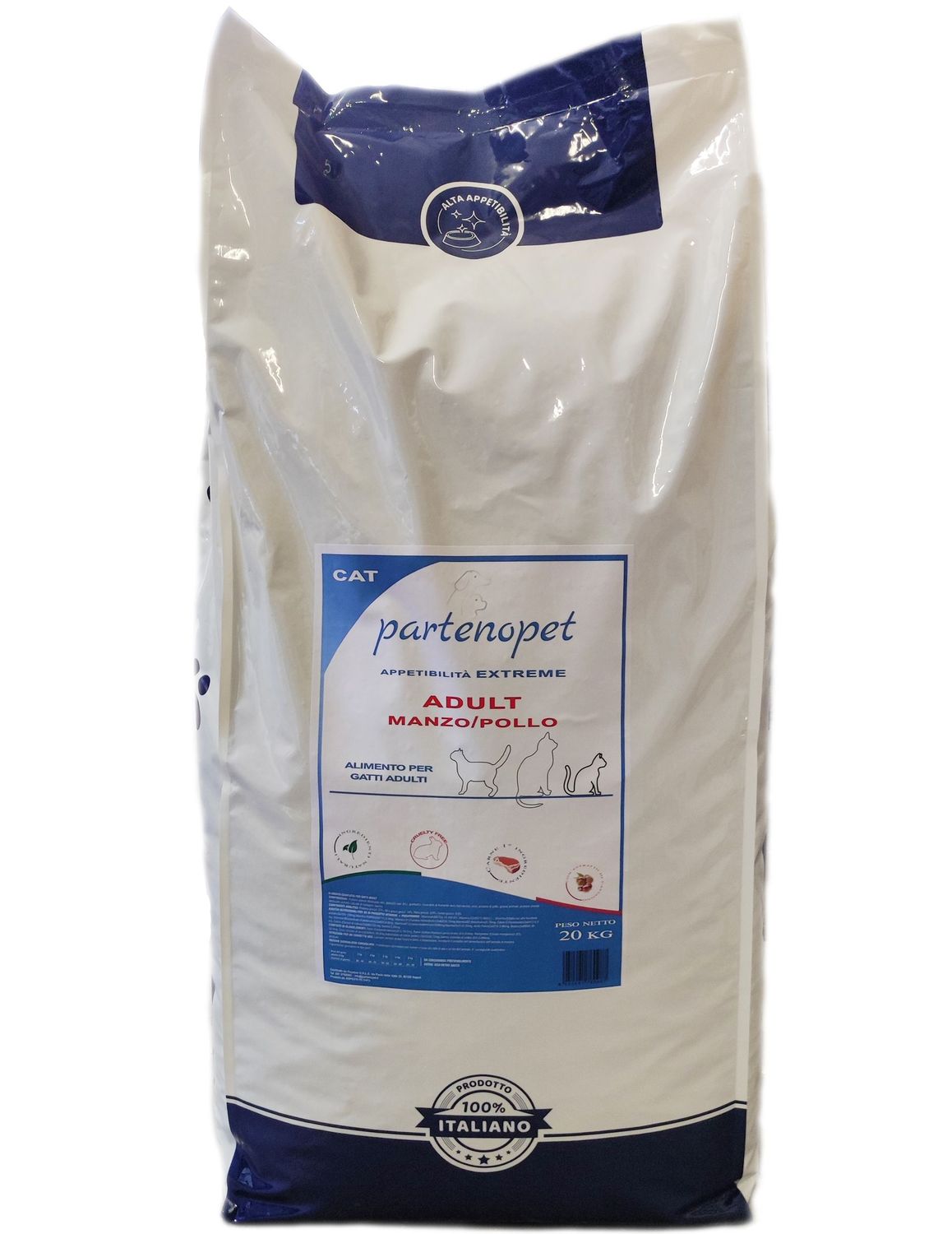 Partenopet Cibo per Gatti di alta qualità, carne come primo ingrediente, Cruelty Free, confezione da 20 kg, 100% italiano, super appetitoso, sacco da 20 kg.