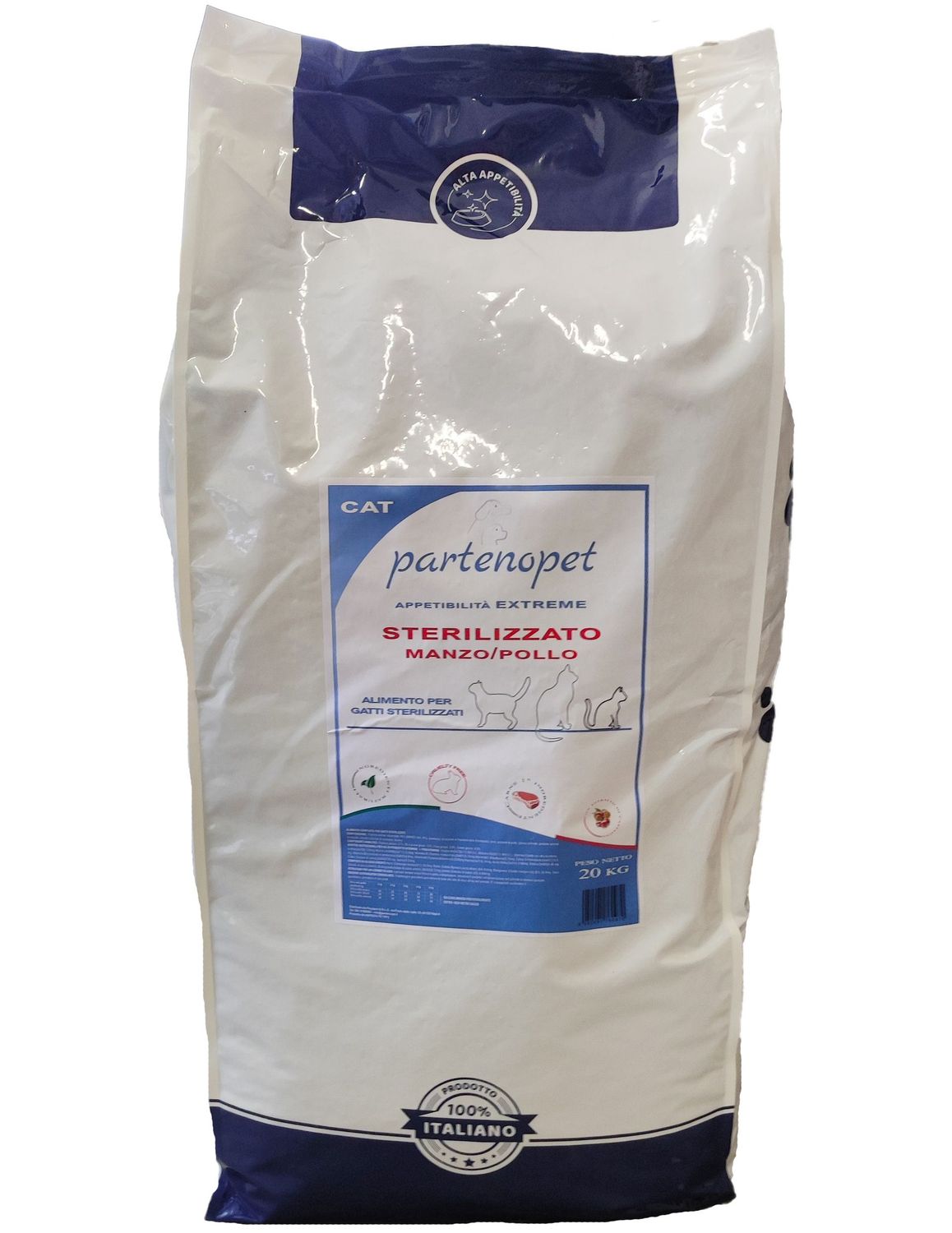 Partenopet Cibo per Gatti Sterilizzati Crocchette per Gatti al Manzo e Pollo Alimento Premium Naturale con carne come primo ingrediente 100% italiano, super appetibile 20 kg