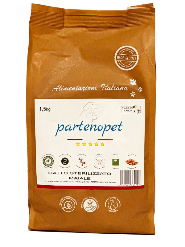 Partenopet Gatto Sterilizzato Maiale Crocchette per Gatti Sterilizzati 100% Naturali 1,5 kg