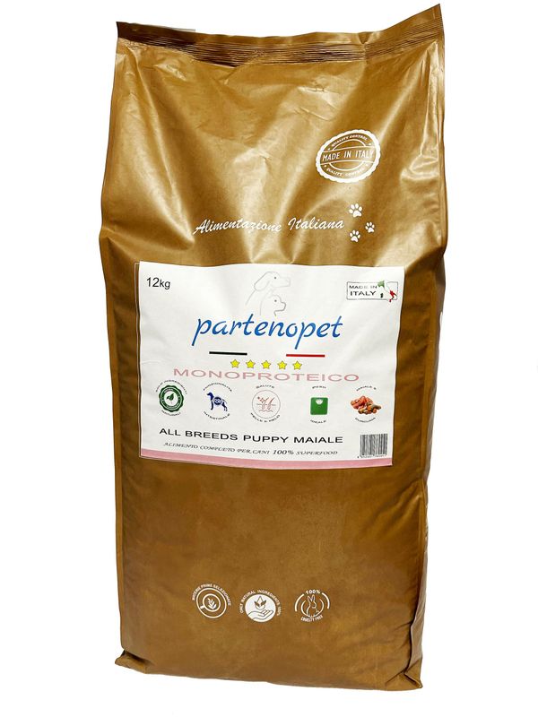 Partenopet  Crocchette per cani cuccioli  All Breeds al maiale e pesce, alimento secco 100% italiano ad altissima appetibilità 12 kg