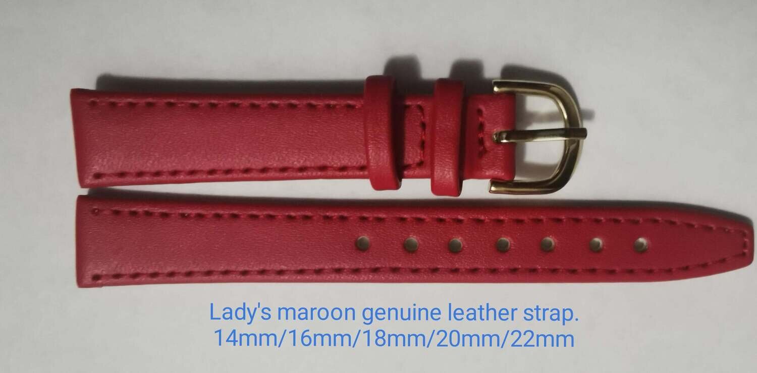 Lady's maroon genuine leather strap 14mm/16mm/18mm/20mm/22mm