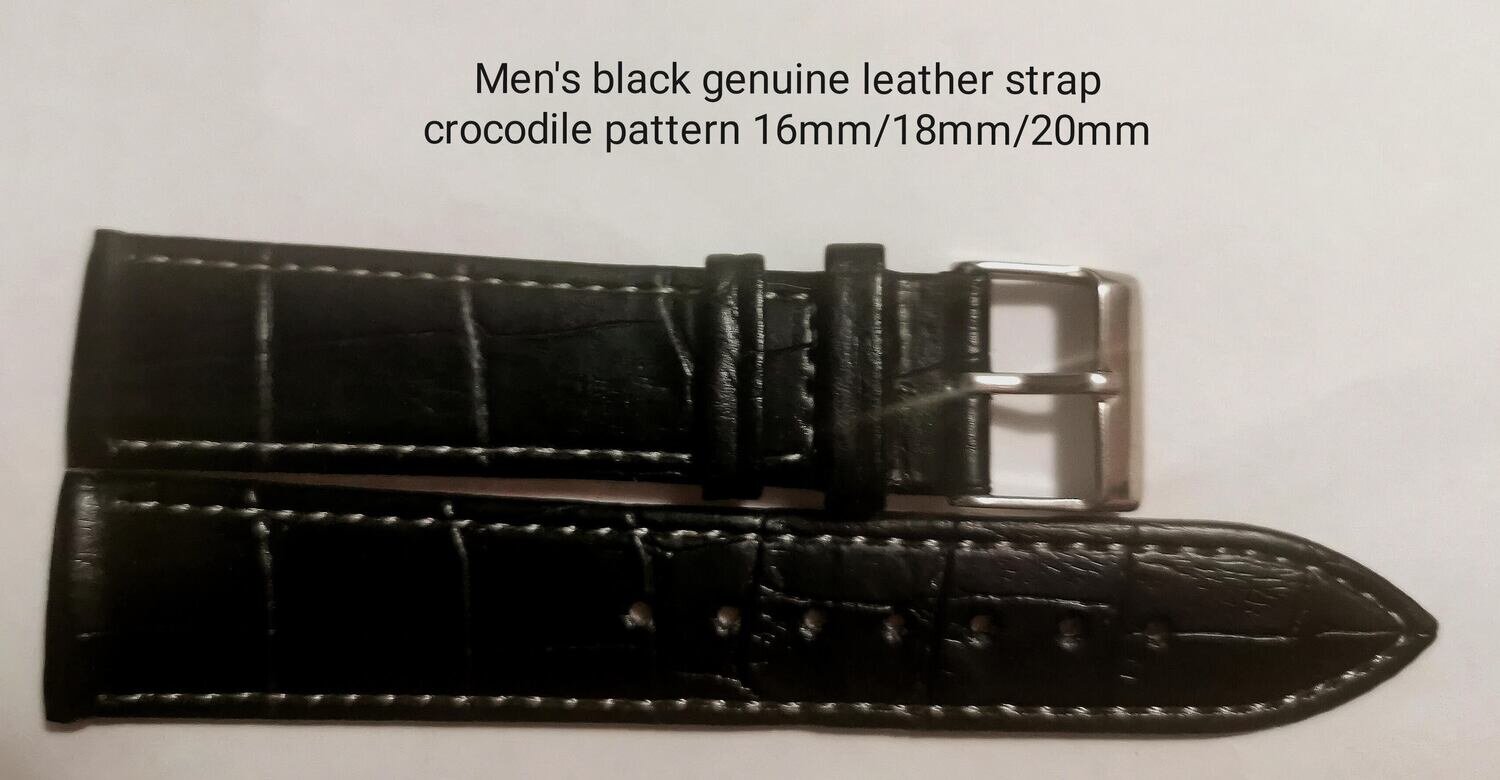 Men's black genuine leather crocodile pattern strap 16mm/18mm/20mm