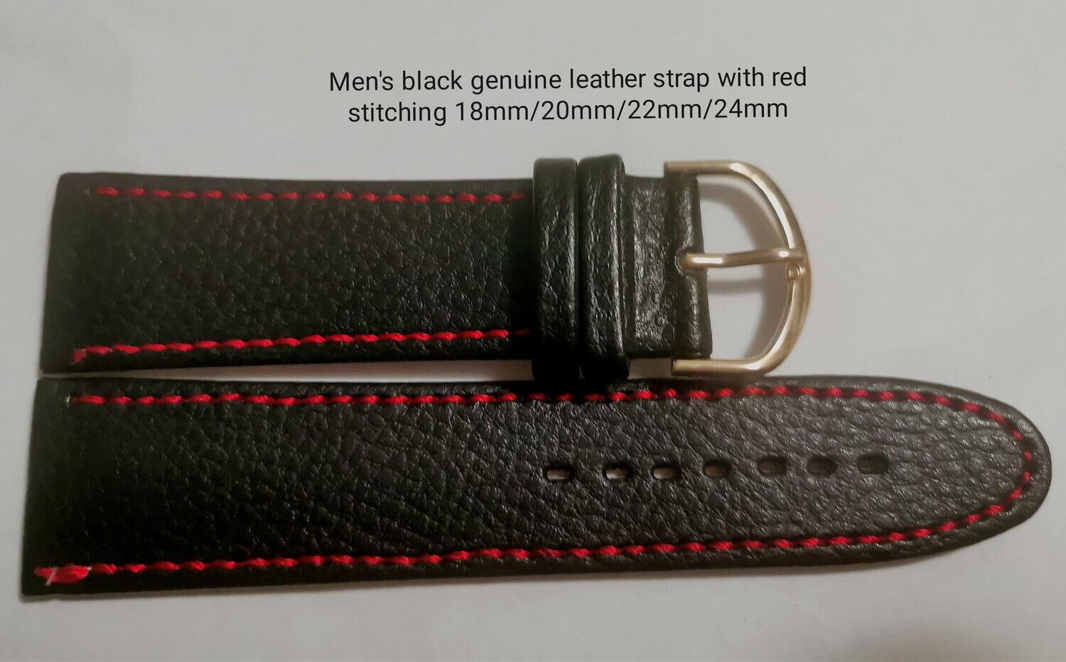 Men's black genuine leather strap with red stitching 18mm/20mm/22mm/24mm