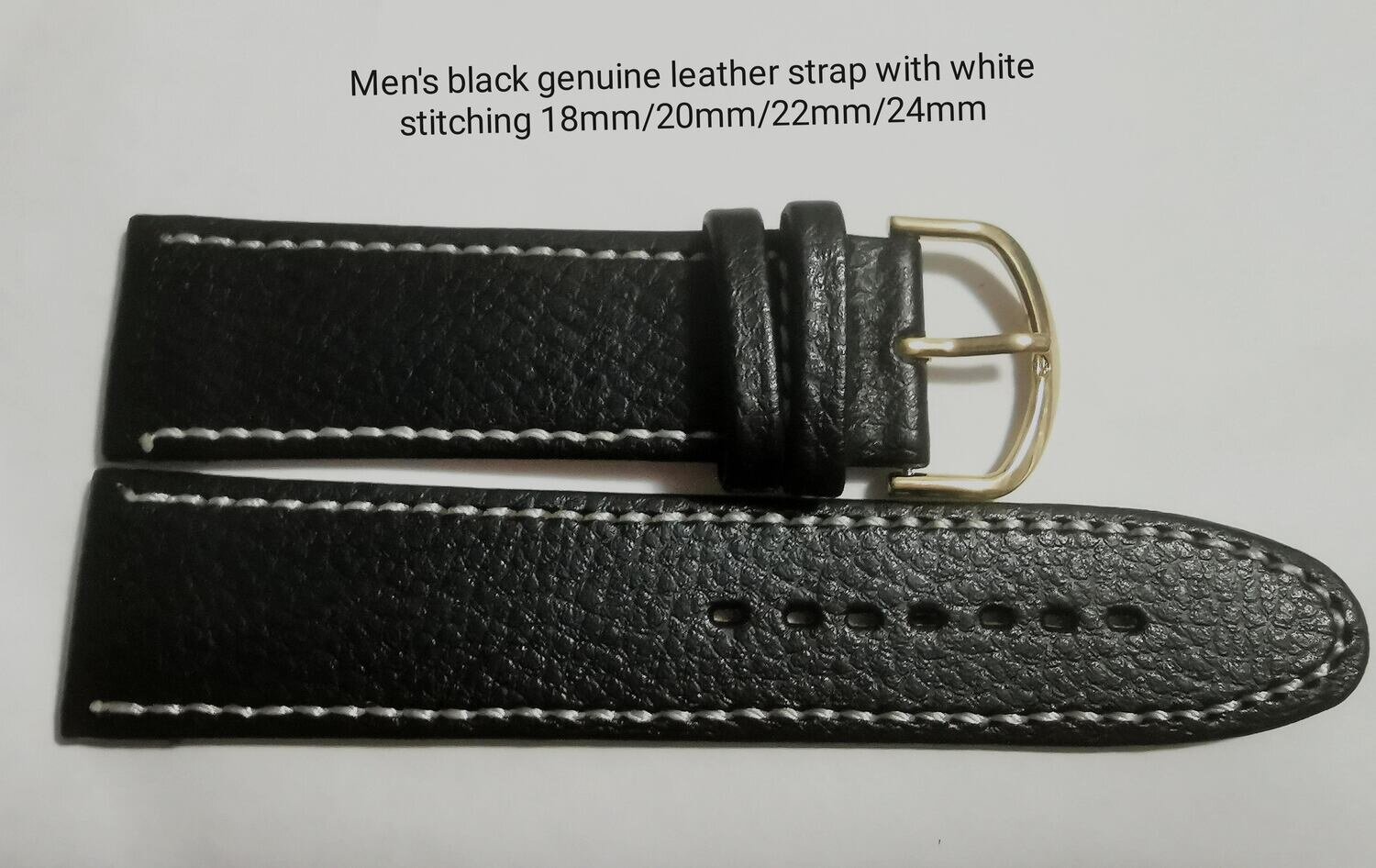 Men's black genuine leather strap with white stitching 18mm/20mm/22mm/24mm