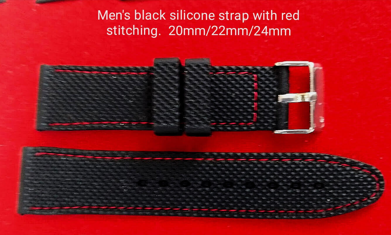 Men's grey and black silicone strap with red stitching 20mm/22mm/24mm