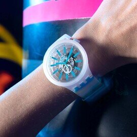 Swatch Blue-In-Jelly Quartz White Skeleton Dial Watch SO27E105