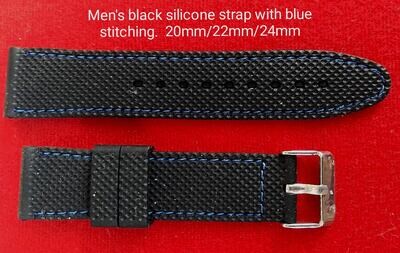 Men's grey and black silicone strap with blue stitching 20mm/22mm/24mm