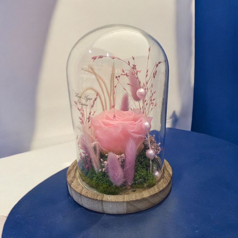 Rose éternelle rose sous globe